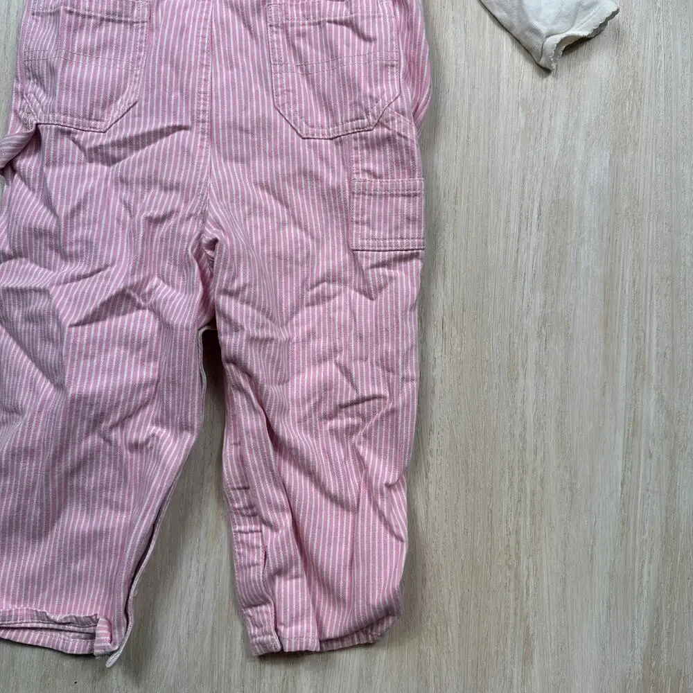 OshKosh Pink Hickory Stripe Overalls Floral Cottagecore Country Outfit Set 24M